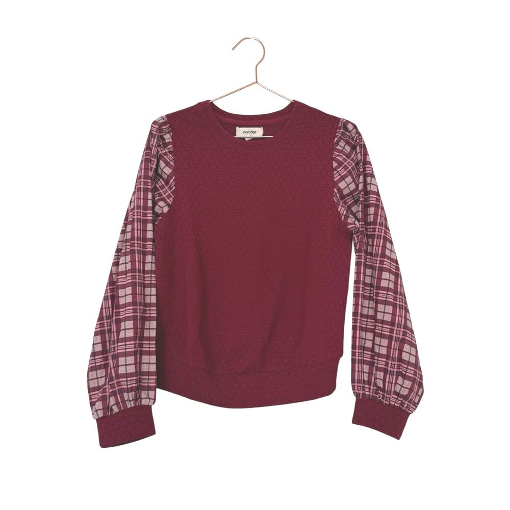 Porridge Burgundy Top with Plaid Sleeves